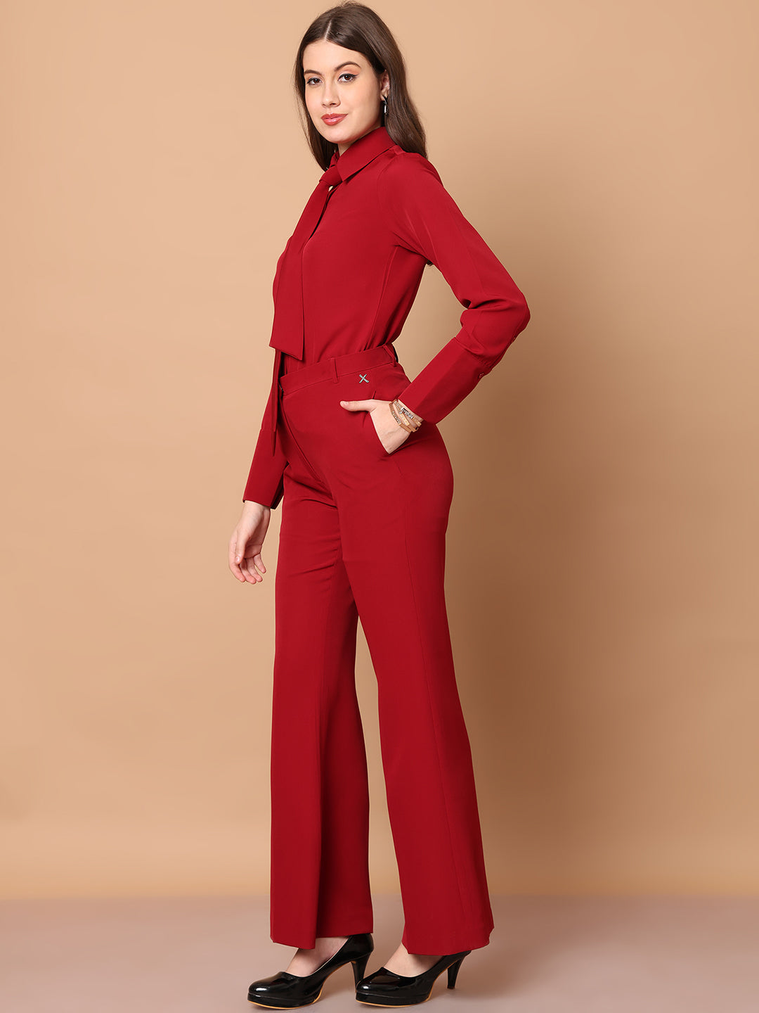 Exude Feminine touch Tie Shirt Red Tops