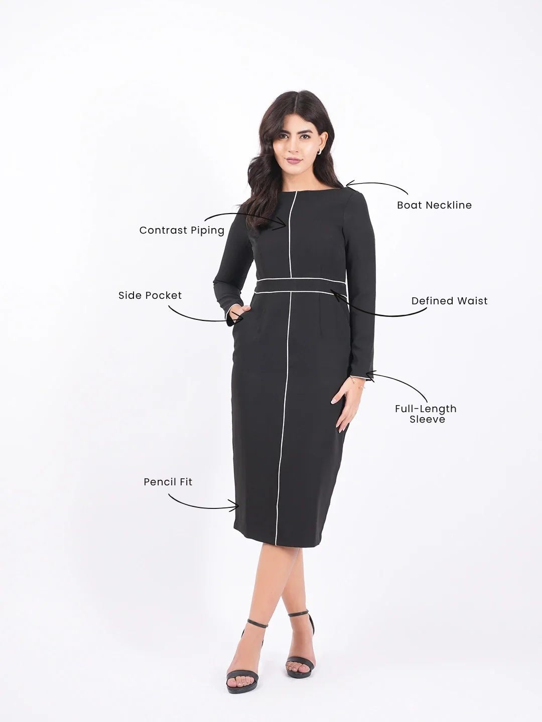 Exude Classic Black Contrast-Stitch Midi Dress