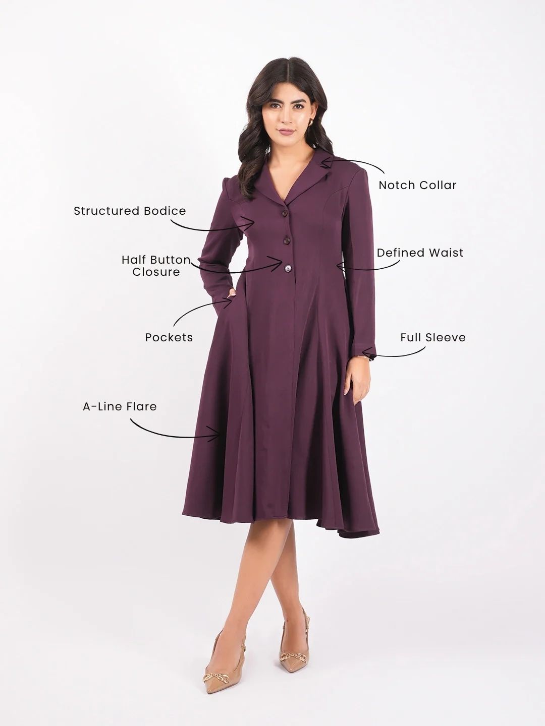 Exude Plum Enchant Flare Coat Dress