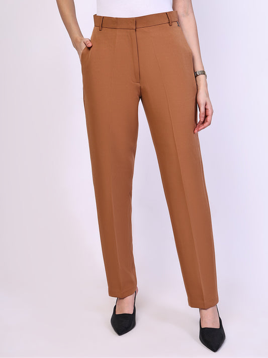 Exude Timeless Threads Straight Fit Trousers with Pockets (Tan Brown)