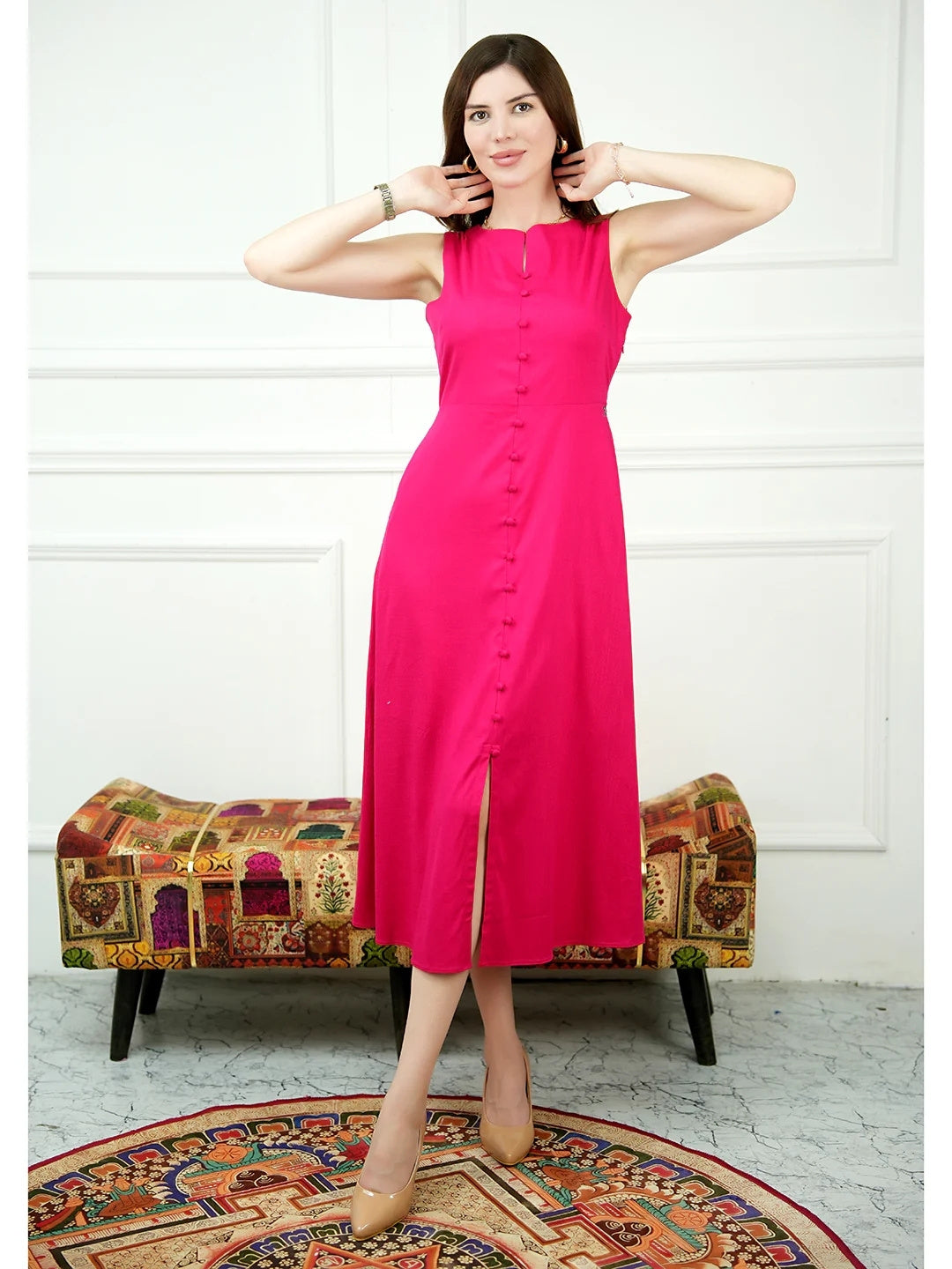 Exude Glowing Front Button Dress With Pockets Fuscia Dresses