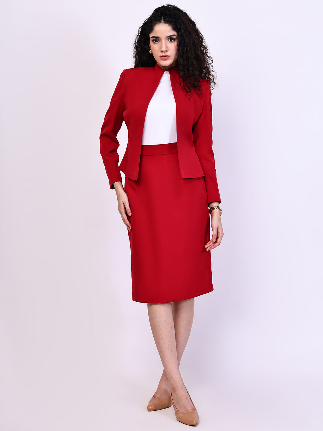 Exude Grace Striped Blazer and Pencil Skirt Set (Red)
