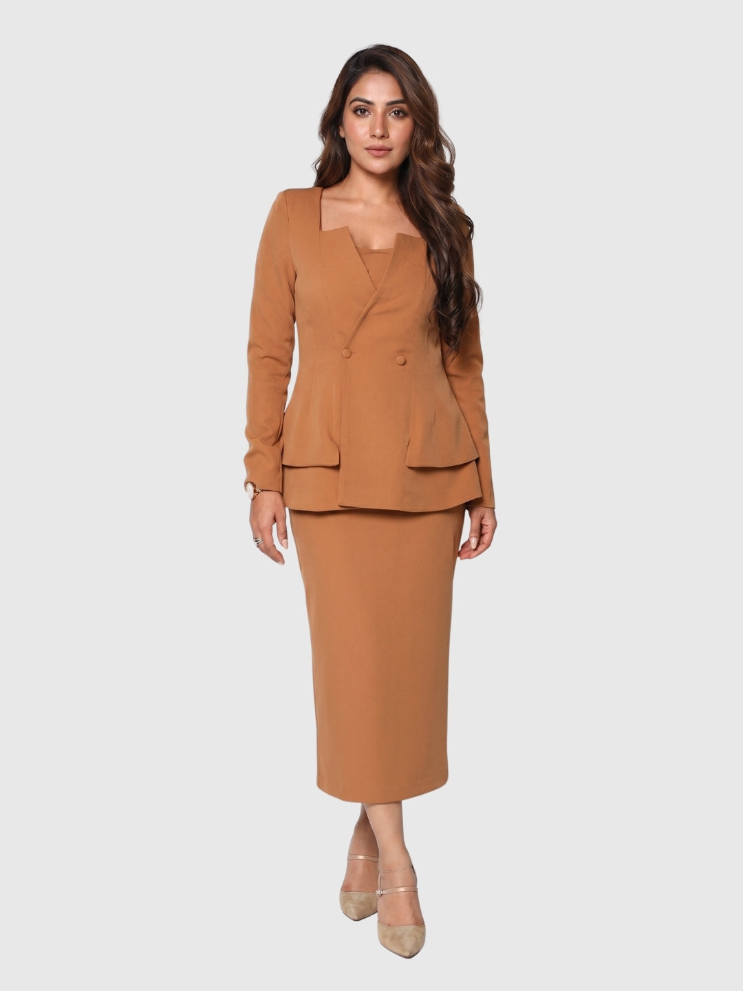 Exude Mocha Peplum Blazer Dress Set