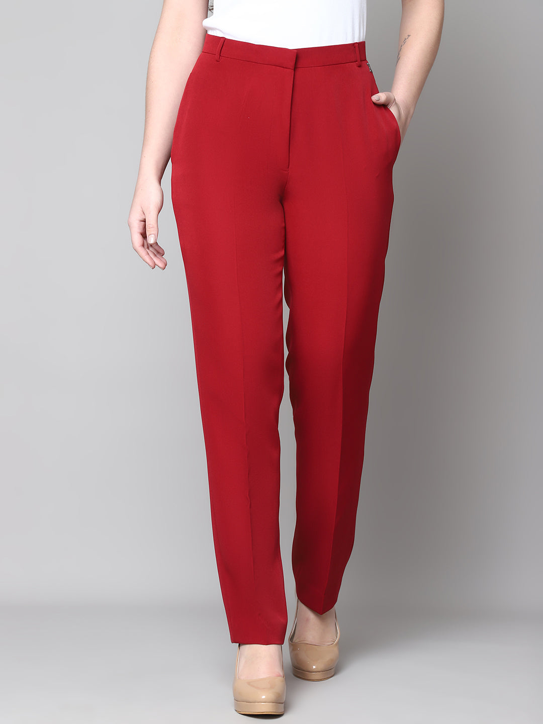 Exude Empathy & Edge Straight Fit Trouser Red Trousers