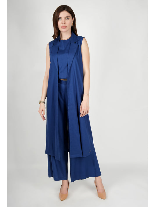 Exude Lustrous Long Jacket , Top with Wide Leg Trouser Royal Blue Co-ord Sets