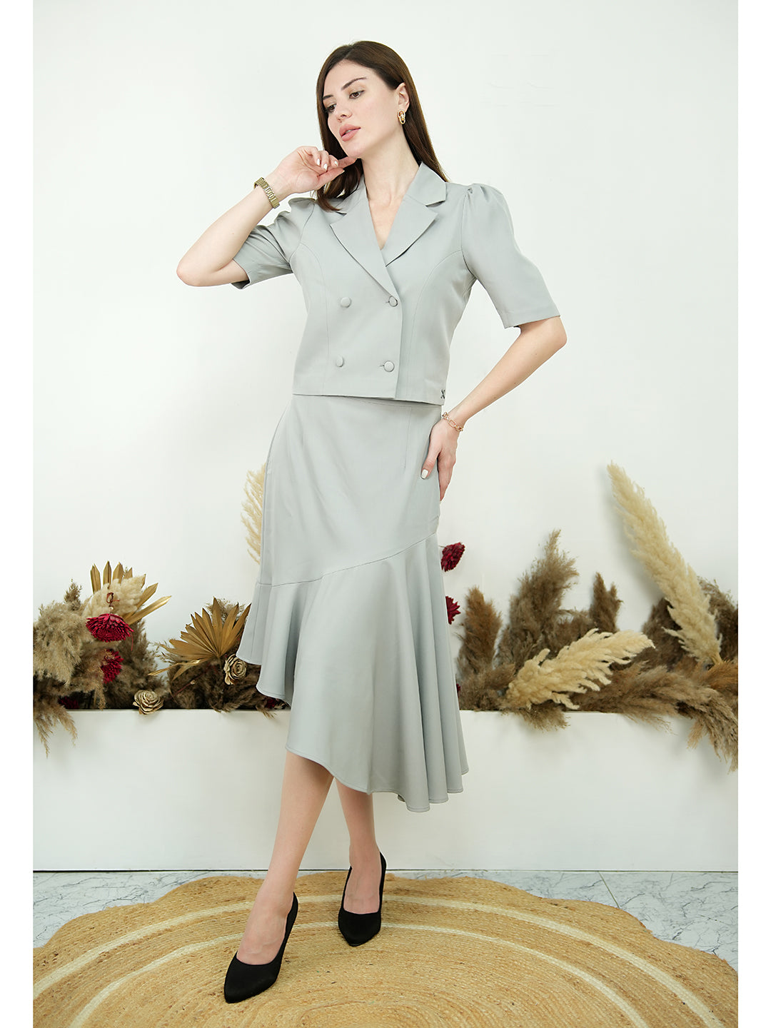 Exude Sunbeam Blazer Top with A-Symmetrical Skirt Grey Co-ord Sets