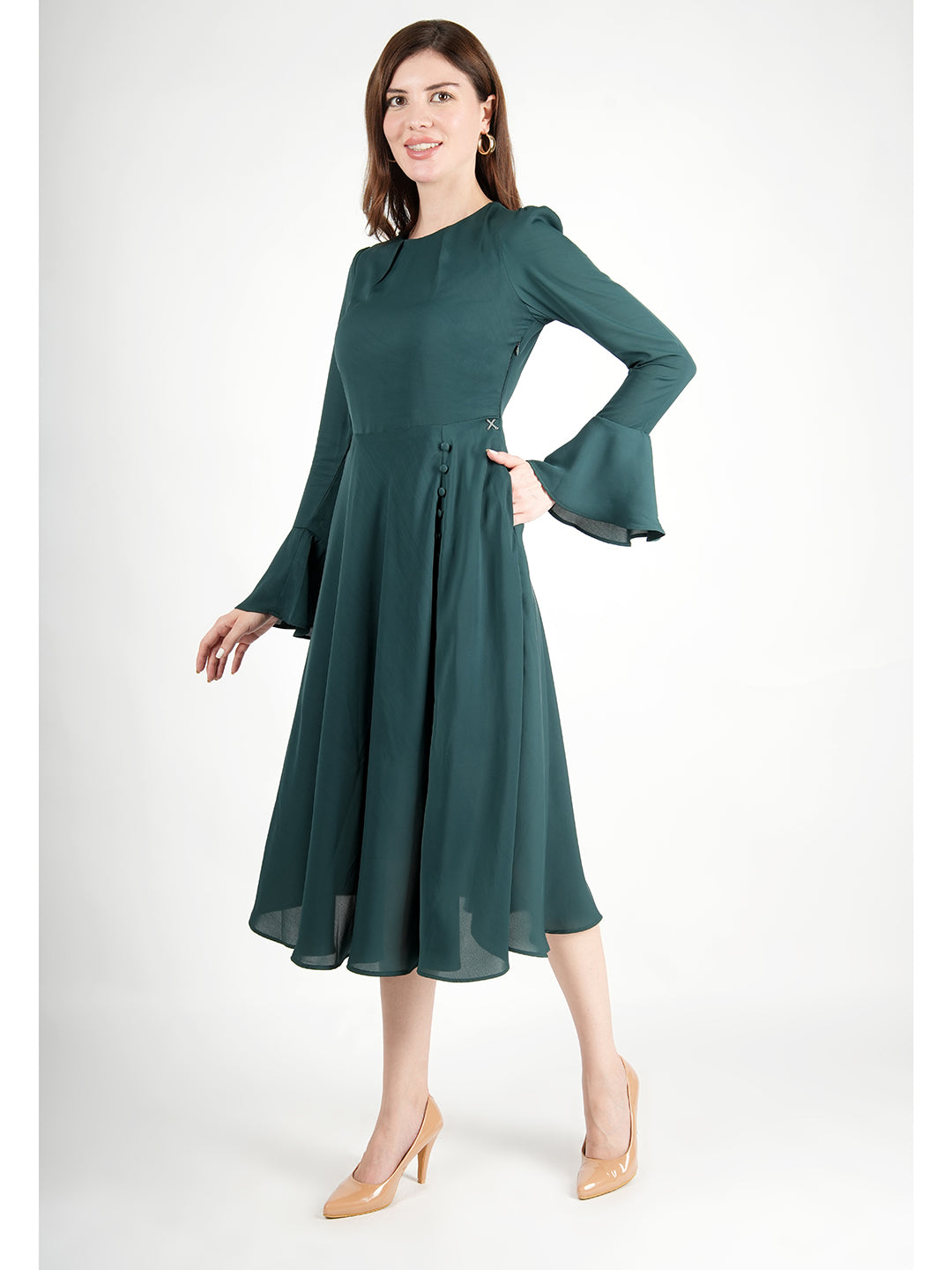 Exude Gleaming Fit & Flare Dress with Long Sleeves (Emerald Green) Exude Gleaming Fit & Flare Dress with Long Sleeves (Emerald Green)