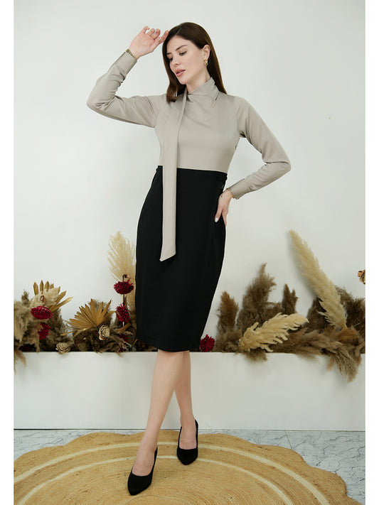 Exude Glistening Neck Drape Dress Satin Beige Dresses