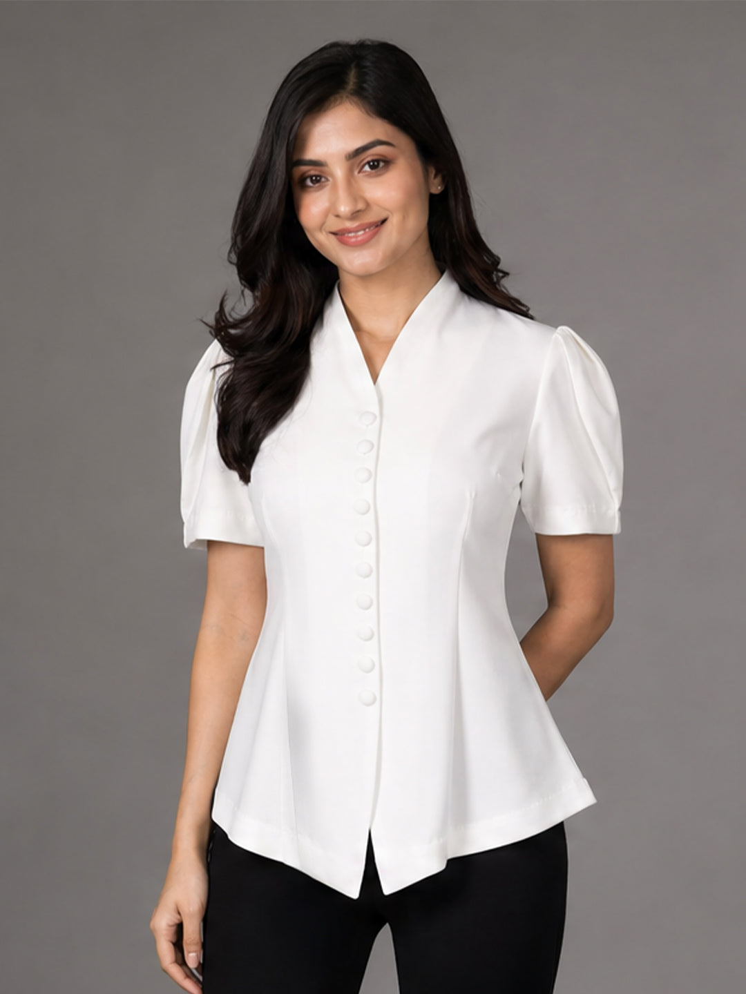 White Puff Sleeve V-Neck Button-Down Cinched waist Top