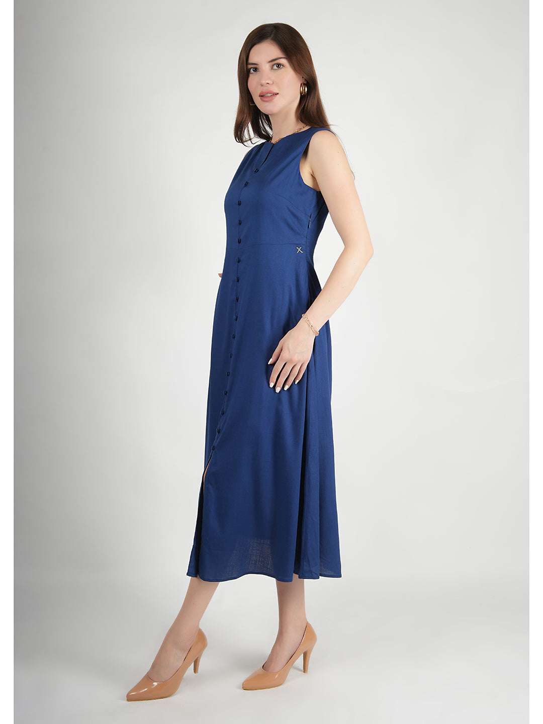 Exude Glowing Front Button Dress With Pockets Royal Blue Dresses