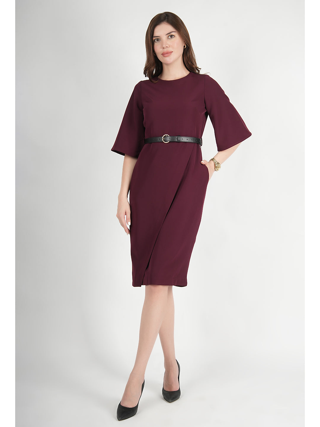 Exude Bliss Bell Sleeve Dress with Belt (Wine) Exude Bliss Bell Sleeve Dress with Belt (Wine)