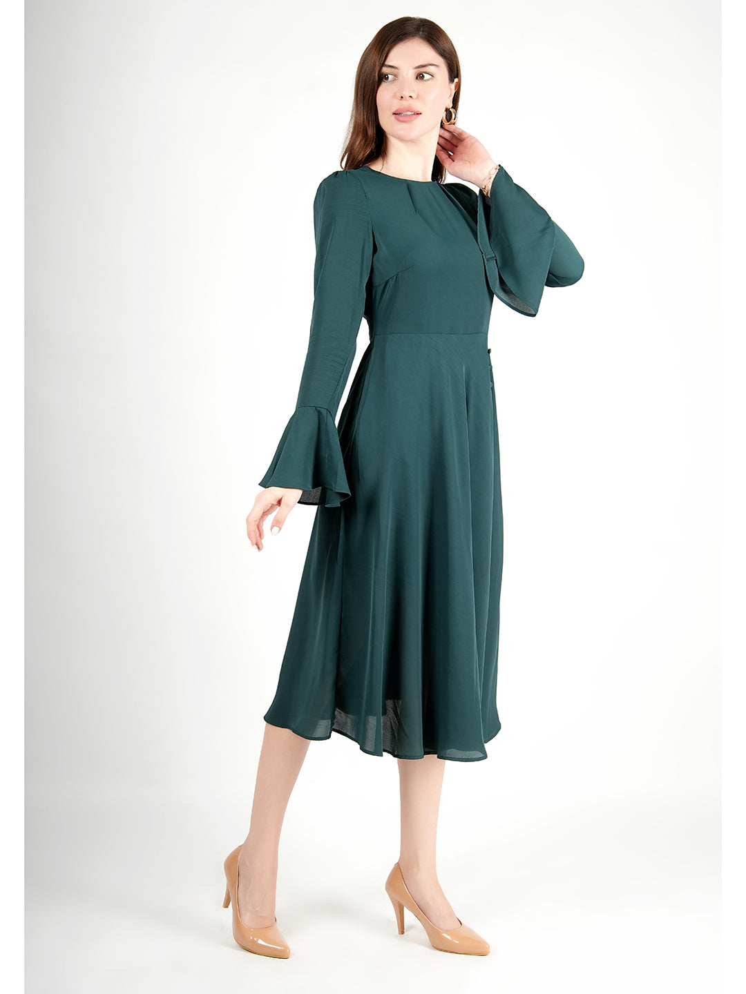 Exude Gleaming Fit & Flare Dress with Long Sleeves Emerald Green Dresses