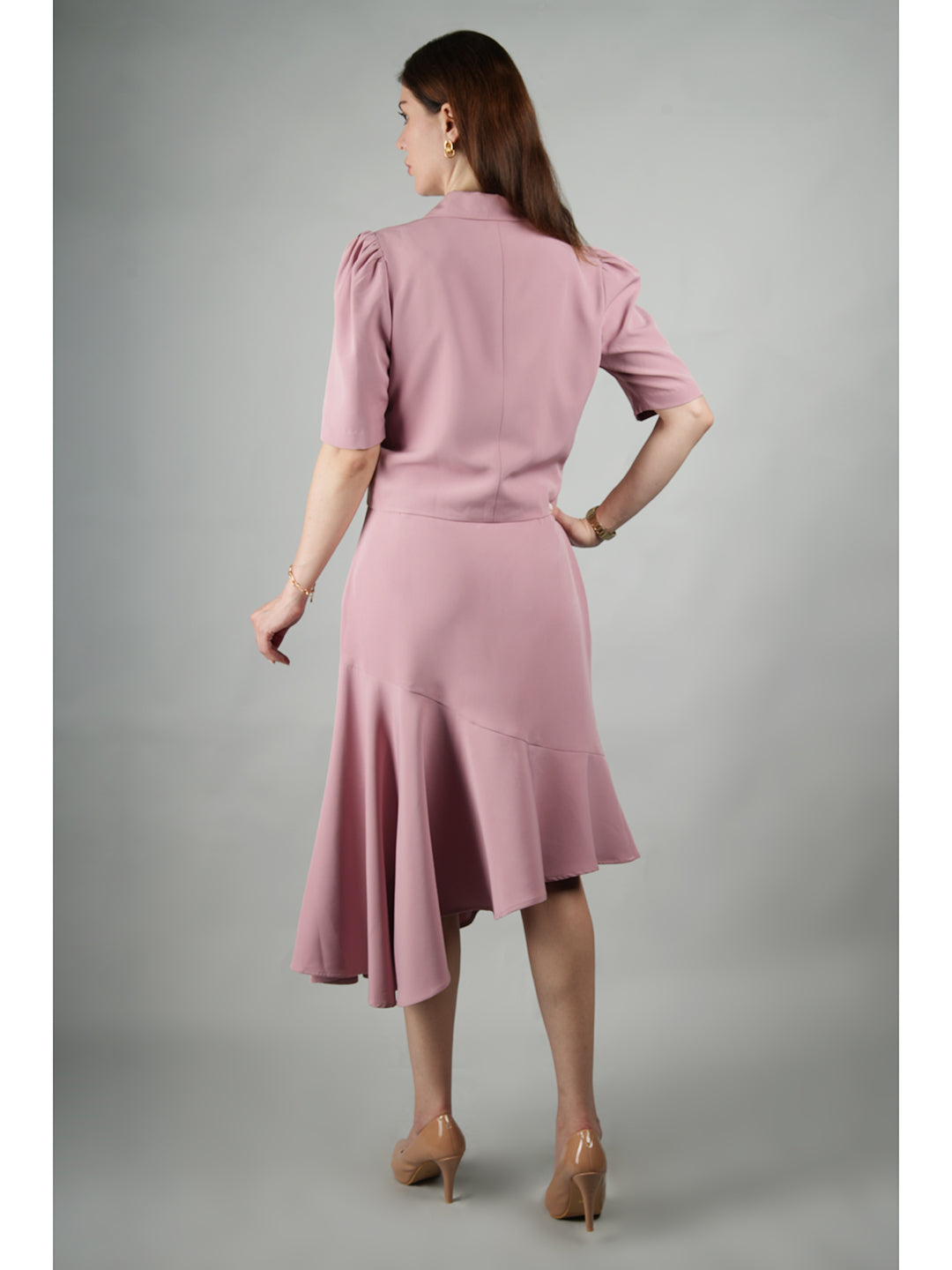 Exude Sunbeam Crop Blazer With Asymmetrical Skirt Blush Pink Co-ord Sets