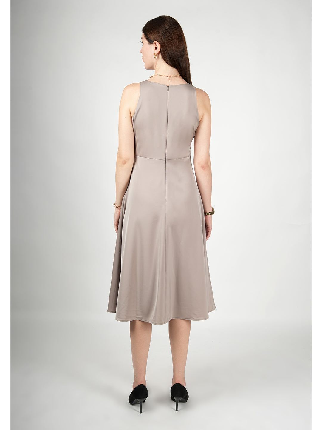 Exude Golden Glow Satin Dress with Pockets Beige Dresses