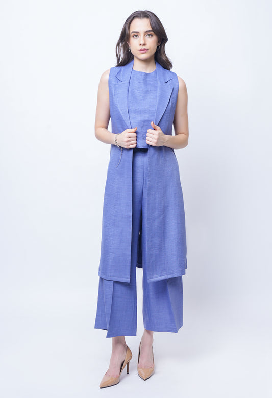 Exude Lustrous Long Jacket , Top with Wide Leg Trouser (Twill Blue )