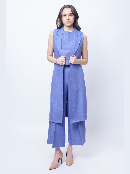 Exude Lustrous Long Jacket , Top with Wide Leg Trouser Twill Blue Co-ord Sets