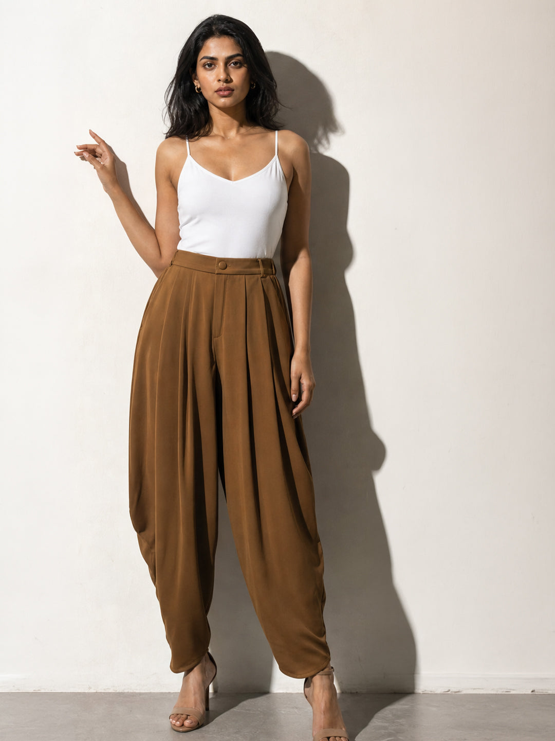 Brown Draped Balloon Trousers