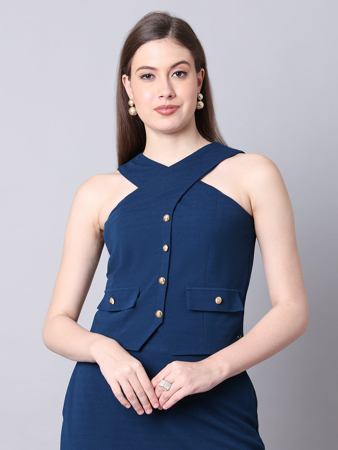Exude Sophistication Cross Design Halter Top Blue Tops