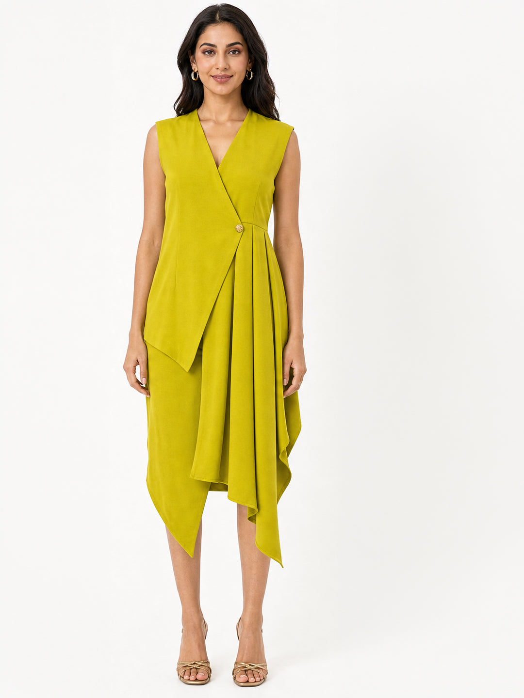 Exude Women Lime Green Draped Wrap Midi Dress