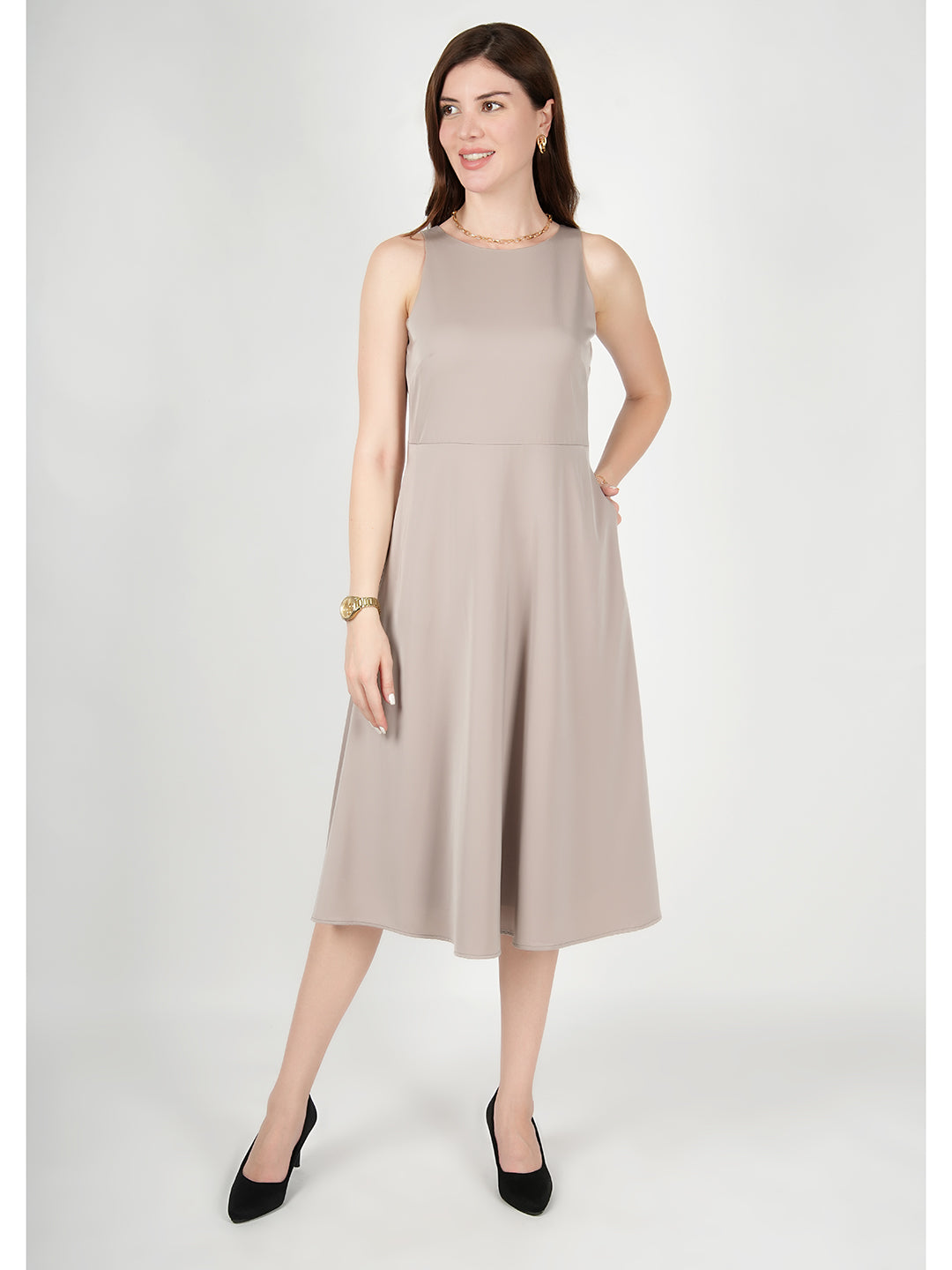 Exude Golden Glow Satin Dress with Pockets Beige Dresses