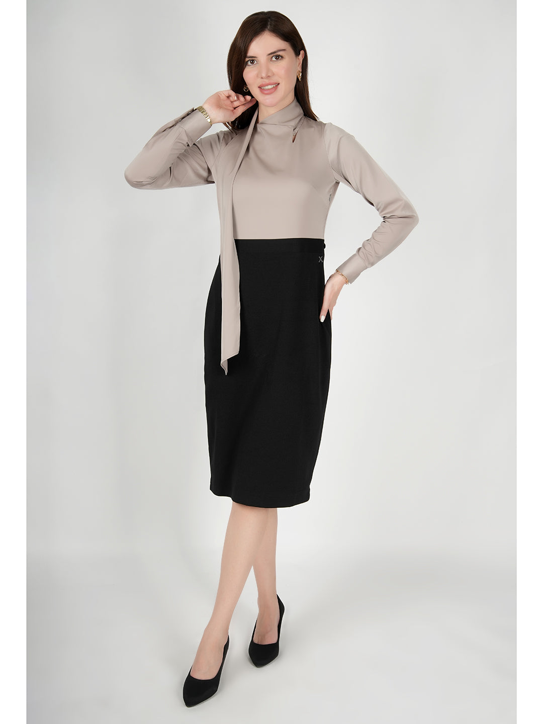 Exude Glistening Neck Drape Dress Satin Beige Dresses