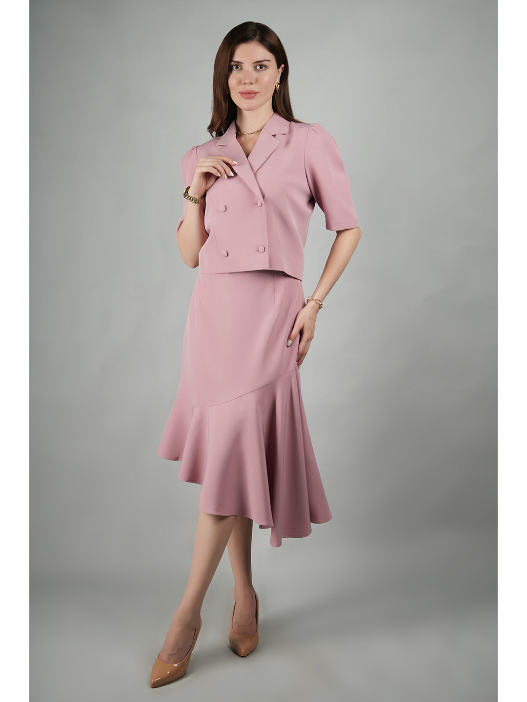 Exude Sunbeam Crop Blazer With Asymmetrical Skirt Blush Pink Co-ord Sets