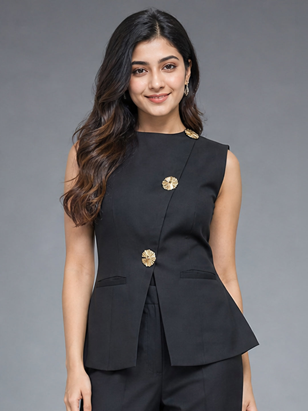 Black Sleeveless Asymmetric Waistcoat Top with Gold Button Detail