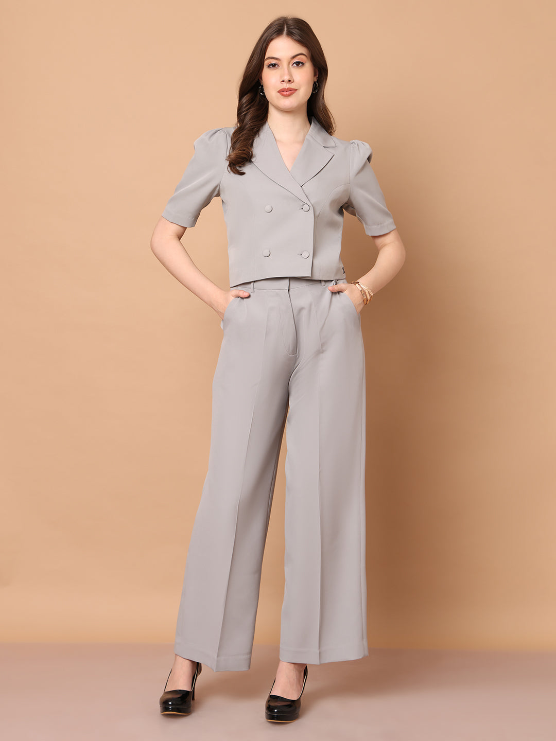 Exude Daring Dreams Crop Blazer with Wide Leg Trouser Grey Blazers
