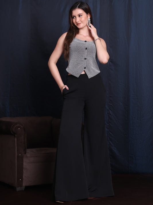 Exude Starlit Elegance 2 Piece Co-ord Set, Silver Waistcoat and Black Chiffon Trouser