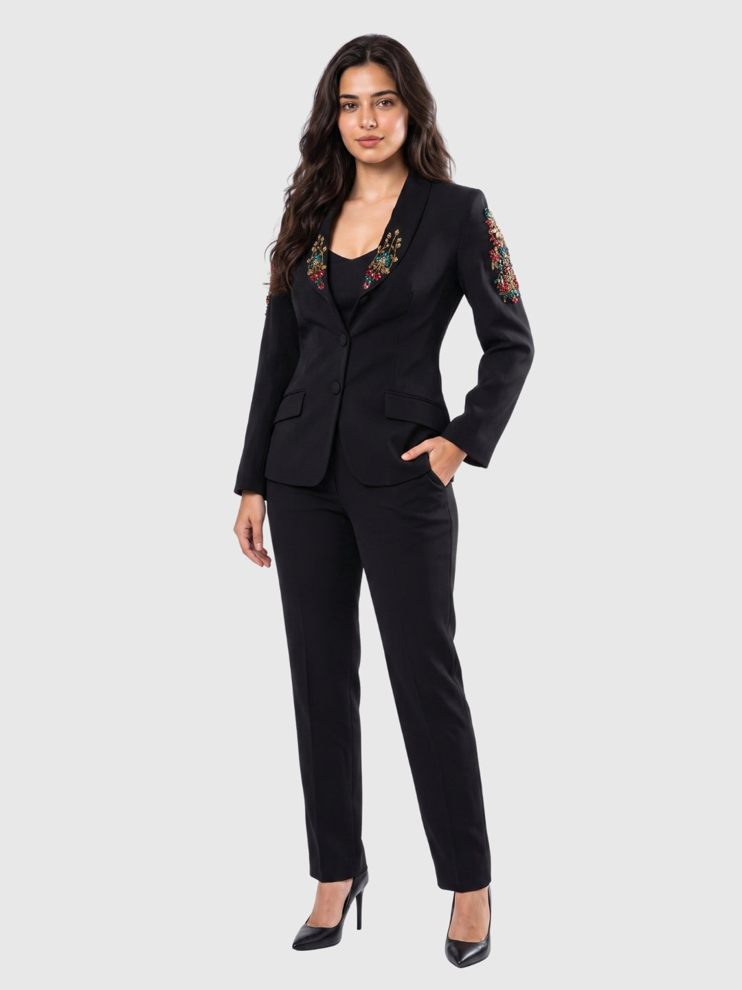 Exude Noir Blossom Embroidered Pantsuit