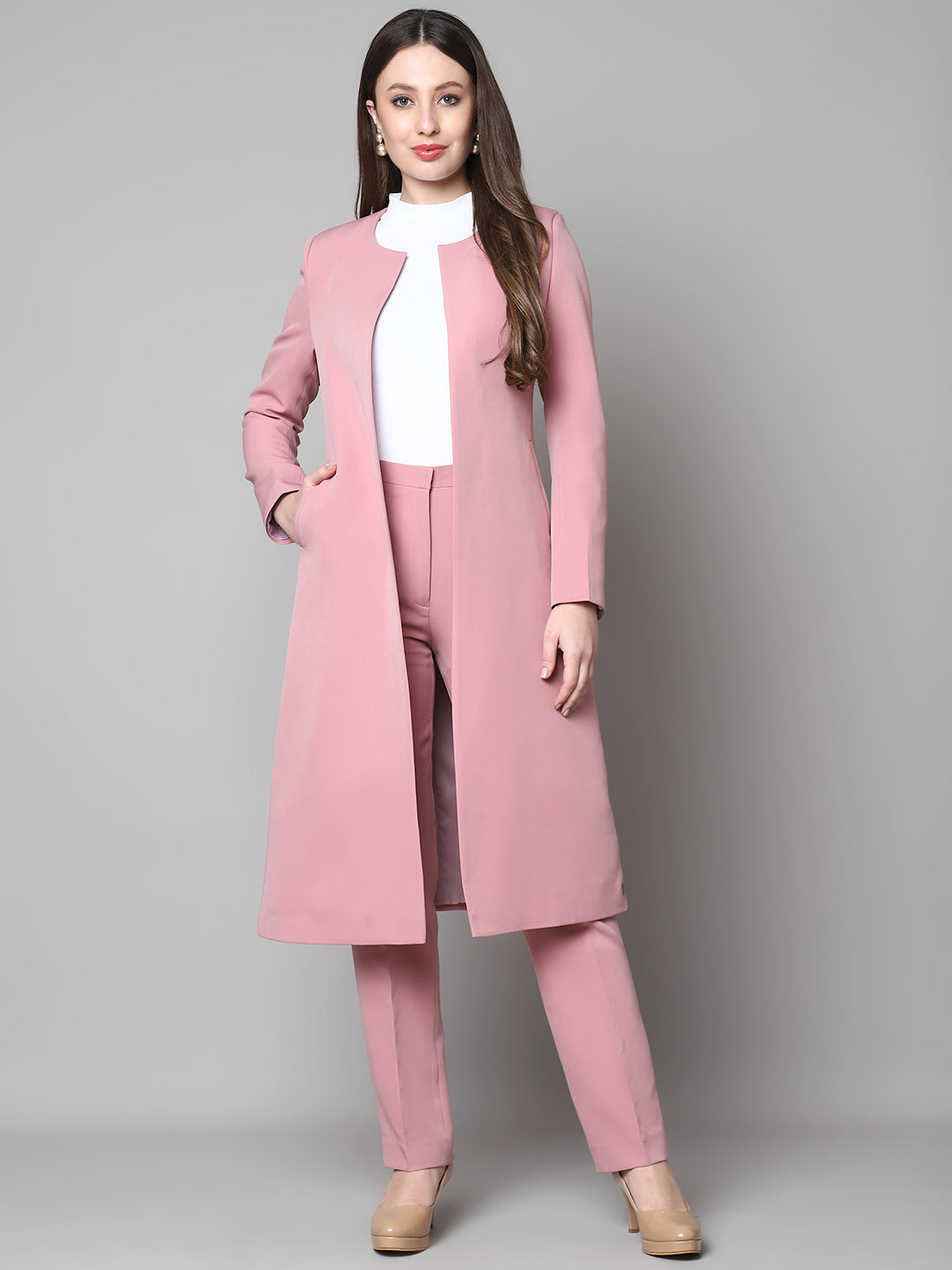 Exude Phoenix Rising Long Blazer and Straight Fit Trouser Dusty Pink Suit