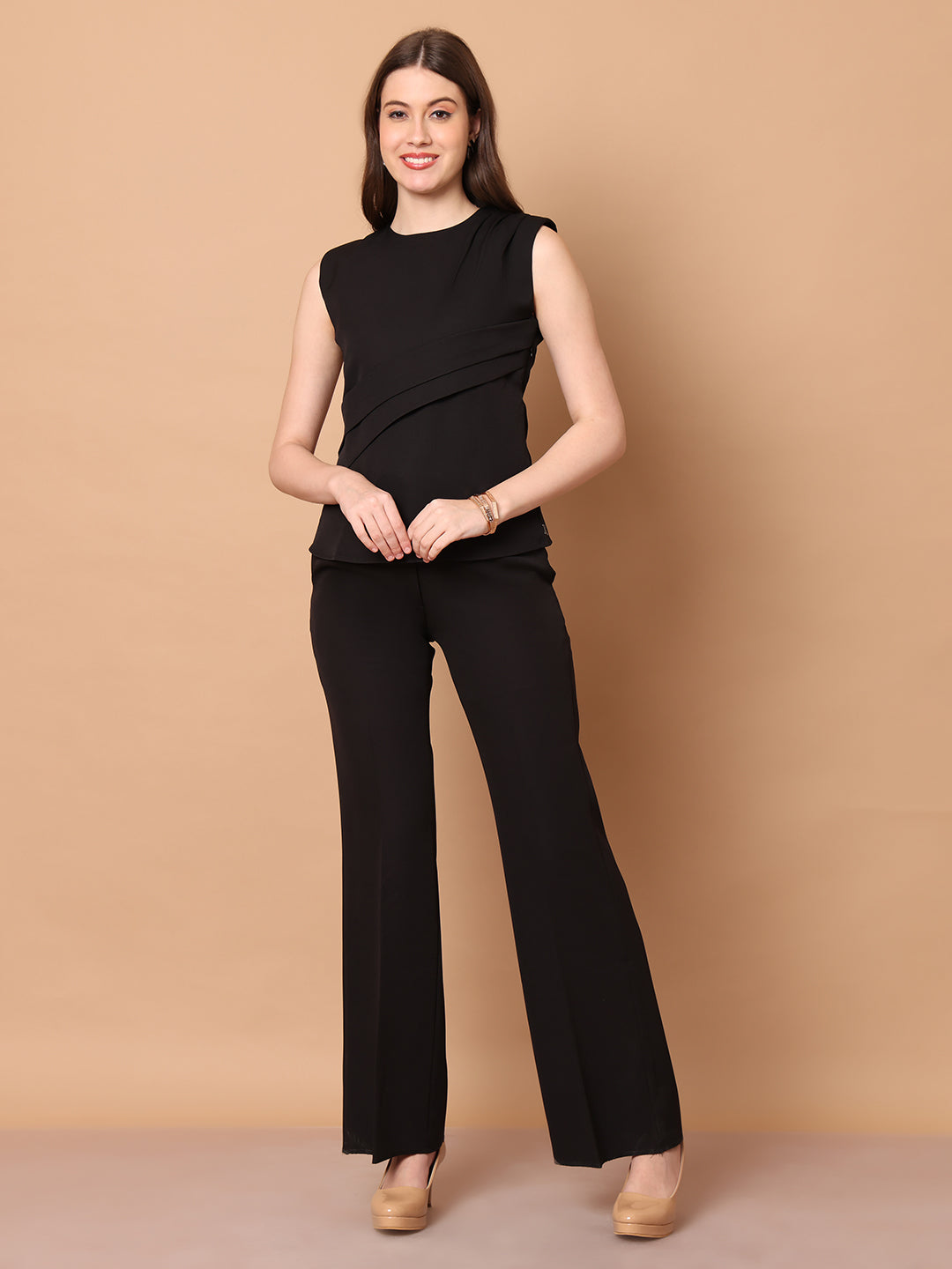 Exude Power in Motion Side and Shoulder Pleat Top Paired with Bootcut Trousers Black Trousers