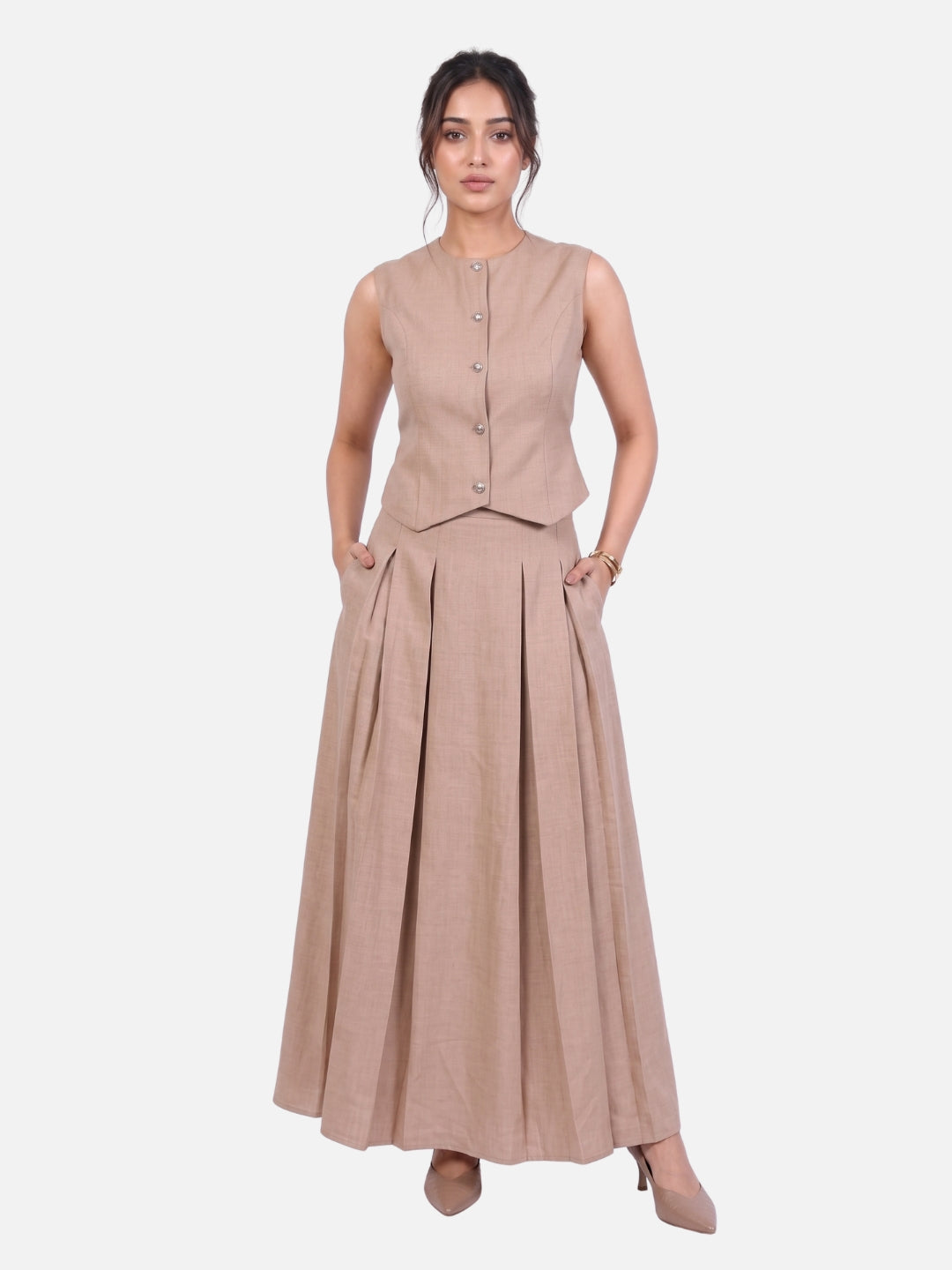 Beige Linen Pearl Button Vest & Pleated Maxi Skirt Co-ord Set