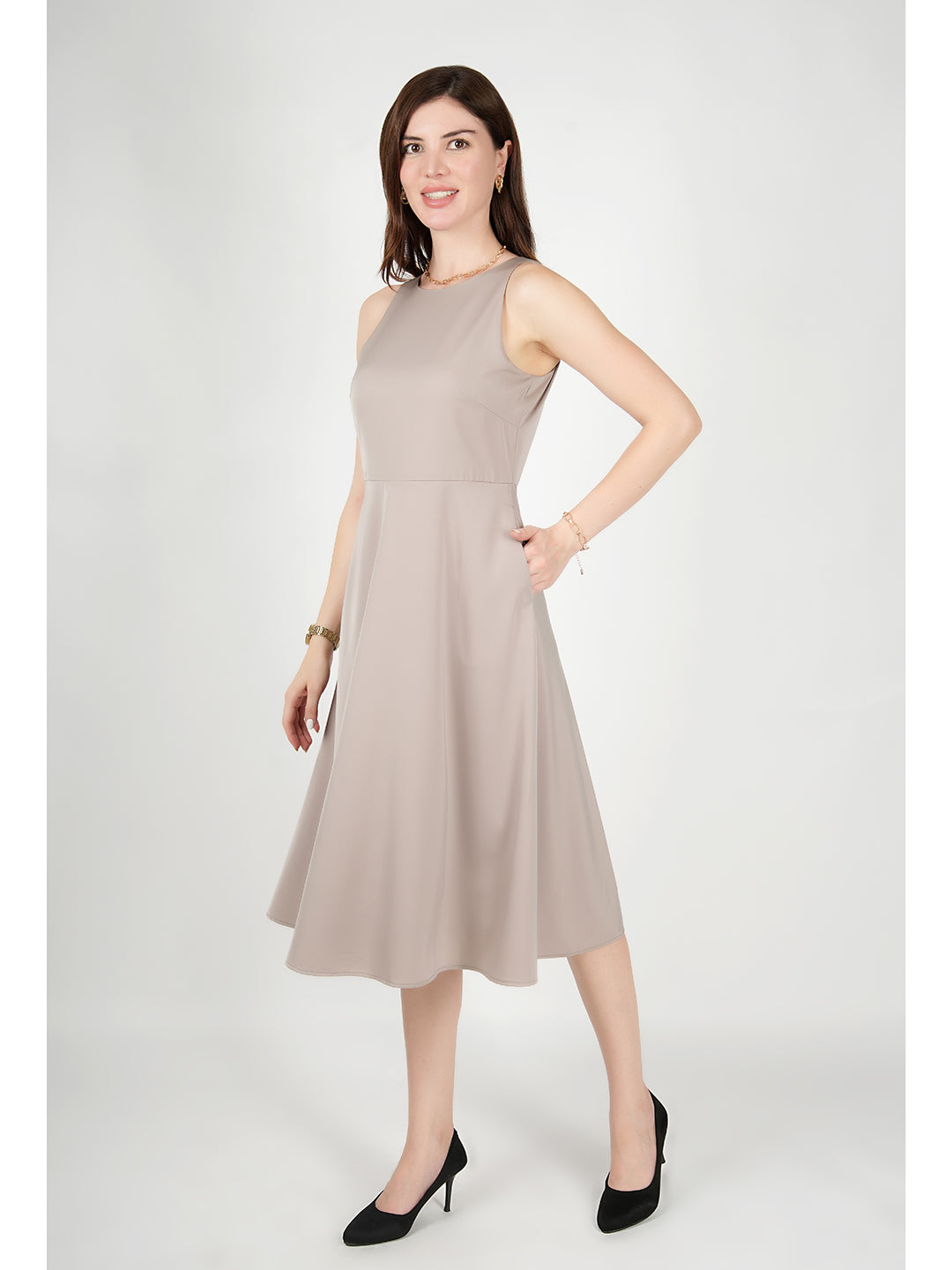 Exude Golden Glow Satin Dress with Pockets Beige Dresses
