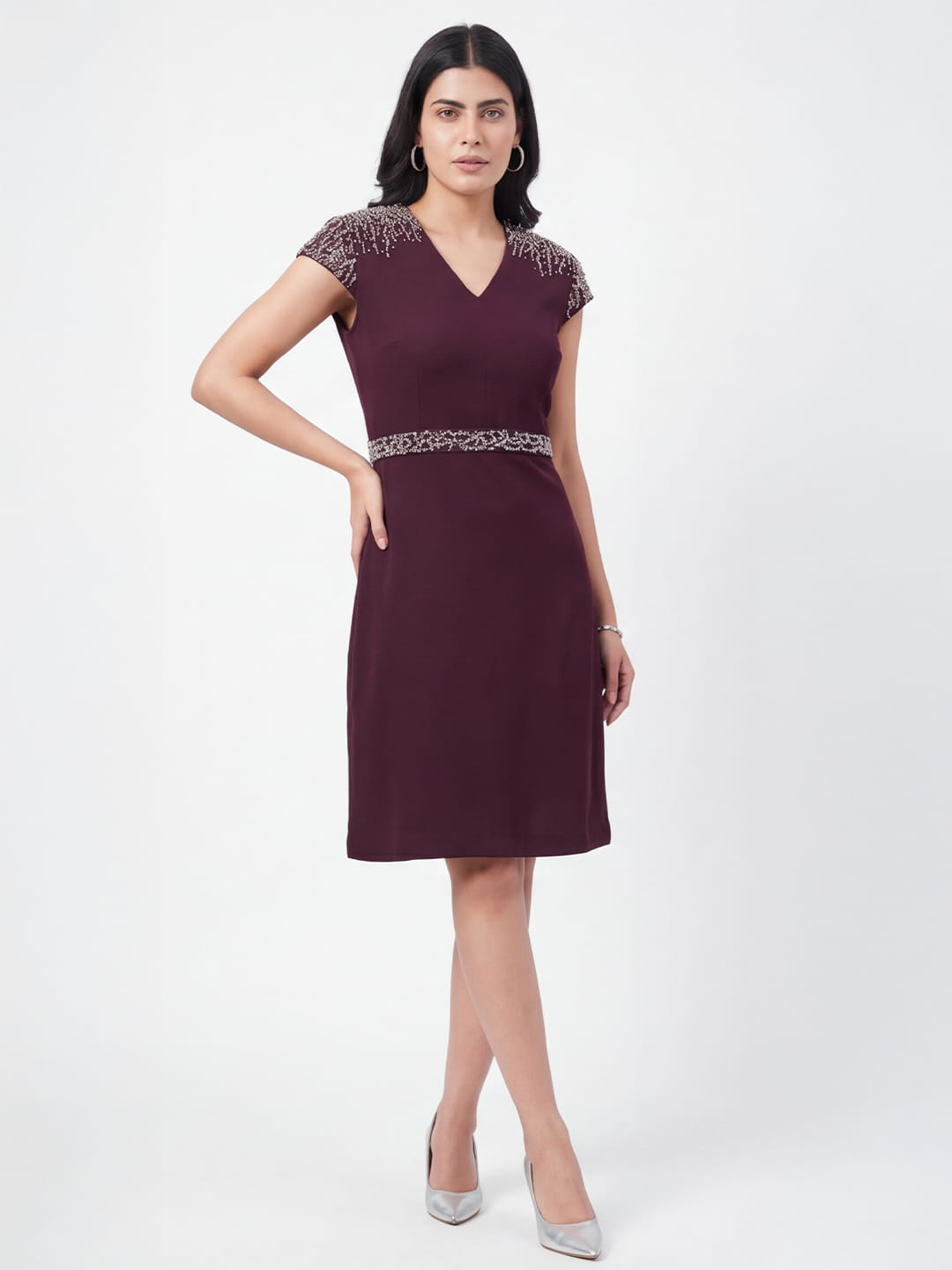 Wine Grace Embellished Midi Dress