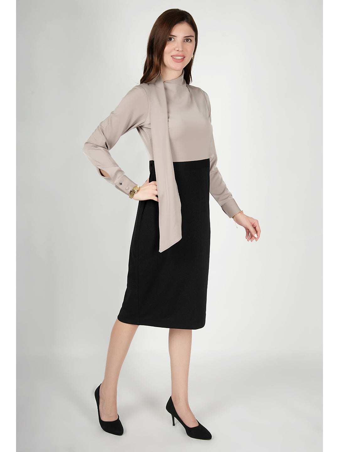 Exude Glistening Neck Drape Dress Satin Beige Dresses