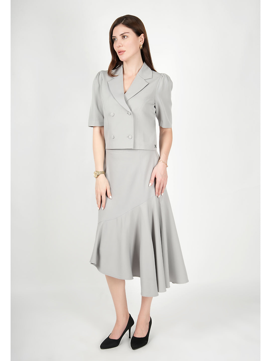 Exude Sunbeam Blazer Top with A-Symmetrical Skirt Grey Co-ord Sets