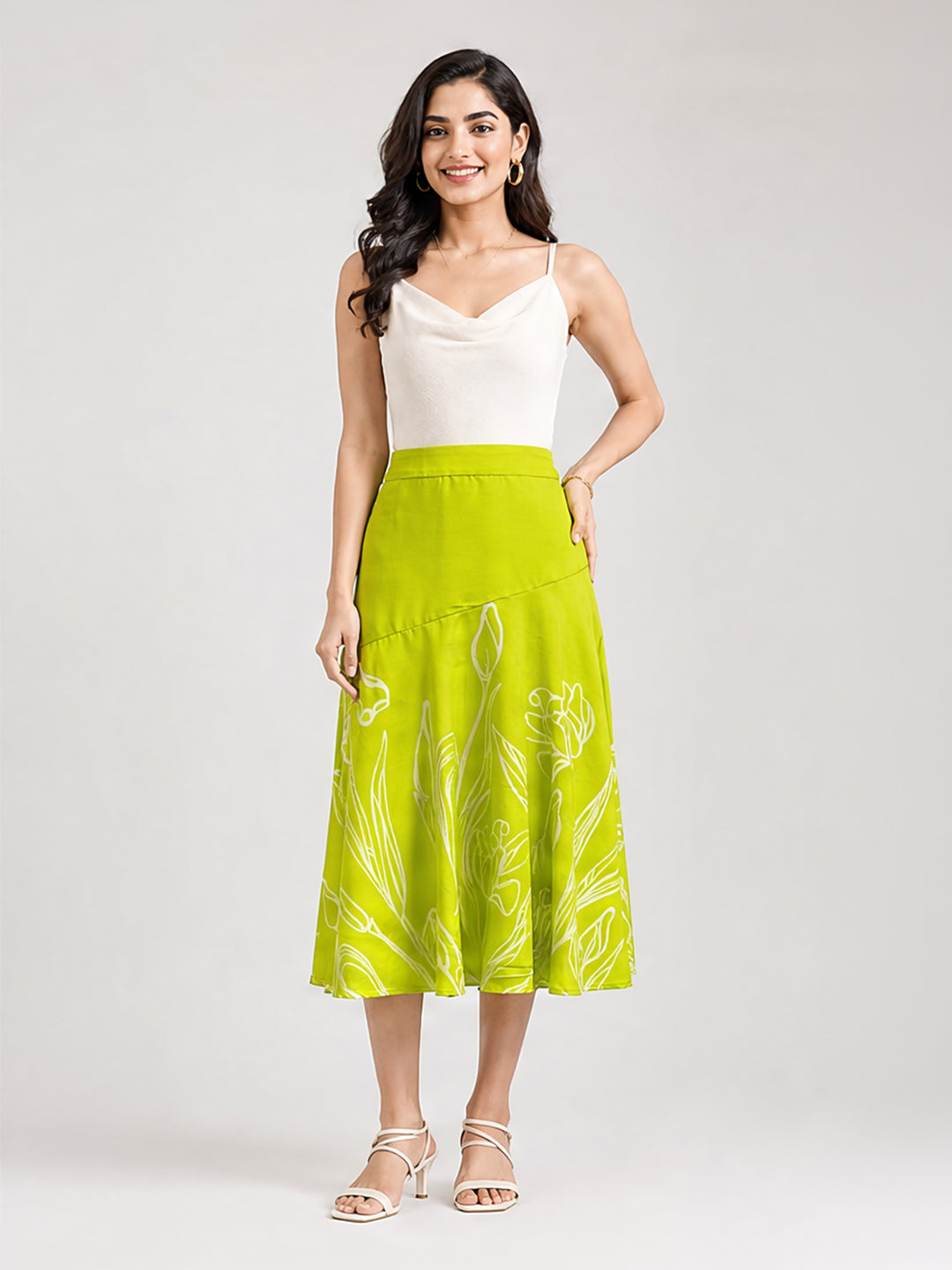 Lime Green Floral Line Art A-Line Midi Skirt
