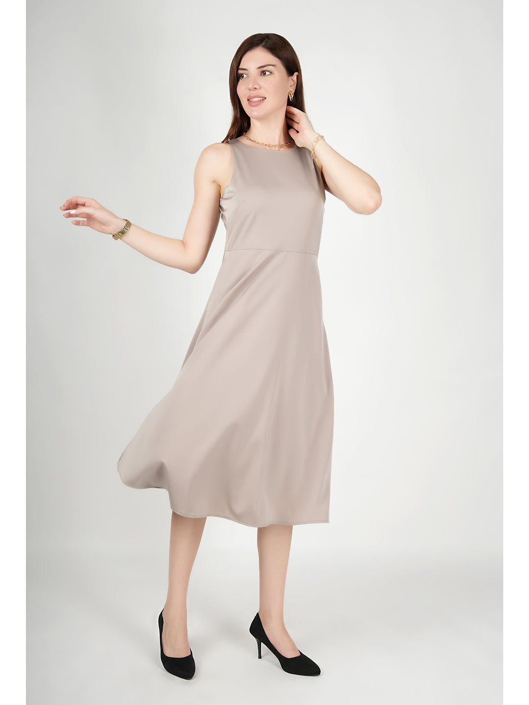 Exude Golden Glow Satin Dress with Pockets Beige Dresses