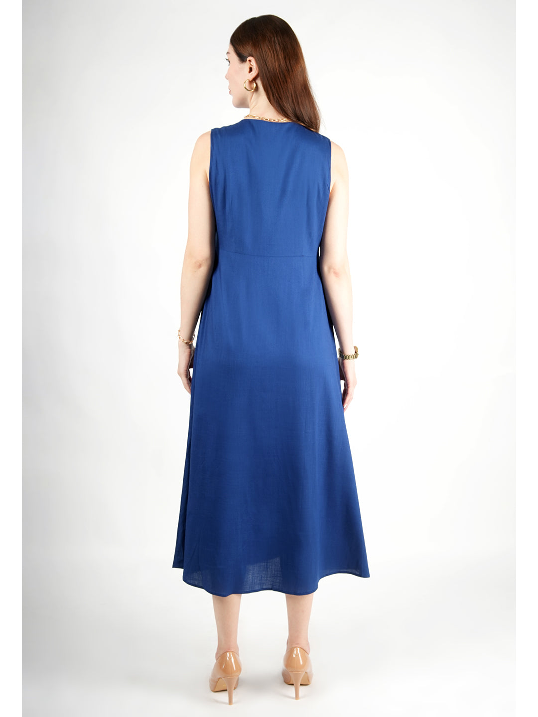 Exude Glowing Front Button Dress With Pockets Royal Blue Dresses