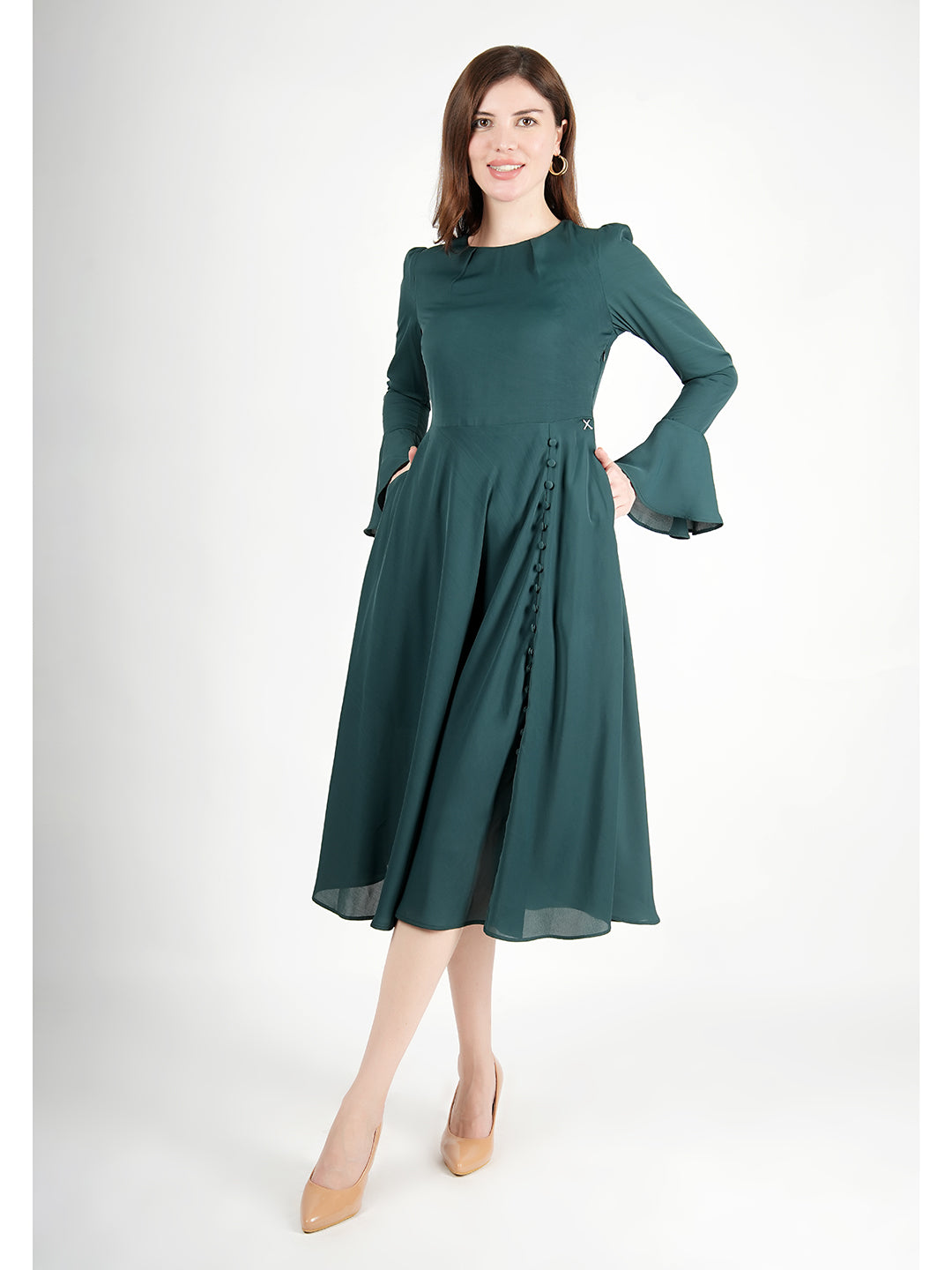Exude Gleaming Fit & Flare Dress with Long Sleeves Emerald Green Dresses