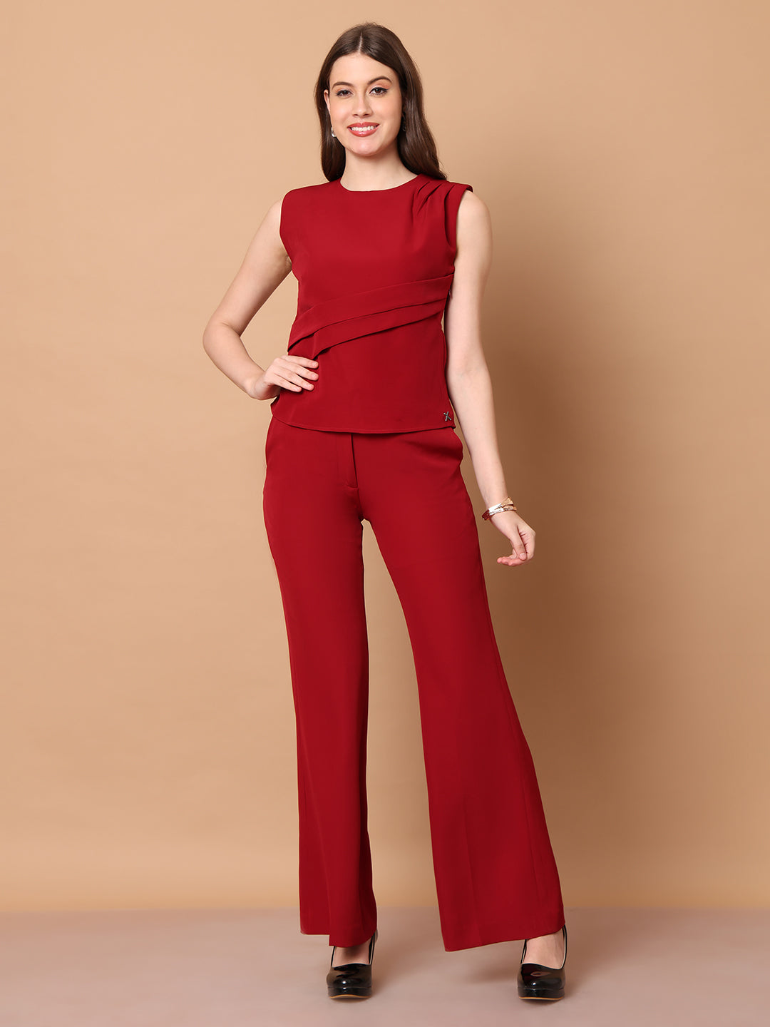 Exude Power in Motion Side and Shoulder Pleat Top Paired with Bootcut Trousers Red Co-ord Sets