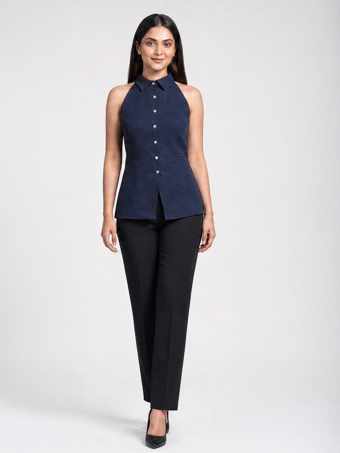 Navy Blue Halter Neck Button-Down Top