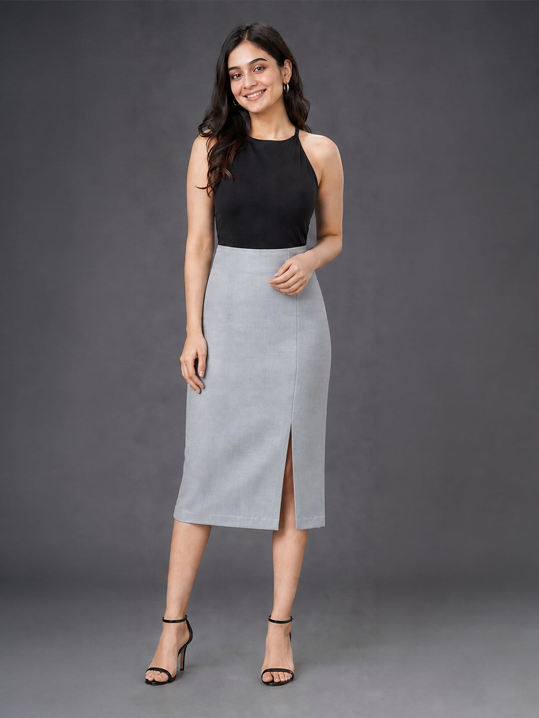 Grey High-Waist Midi Pencil Skirt with Front Slit