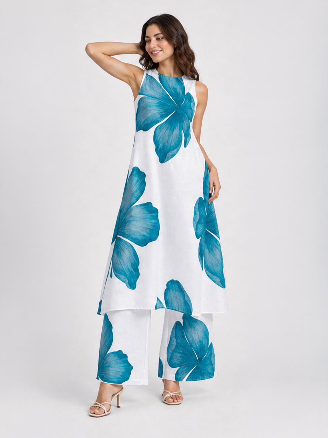 White Teal Floral Print Sleeveless Kurta Palazzo Set