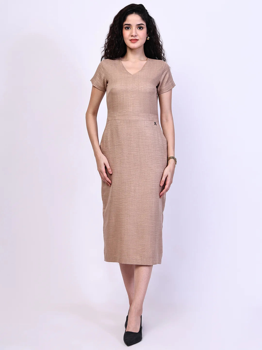 Exude Composure Sheath Midi Dress Beige Dresses