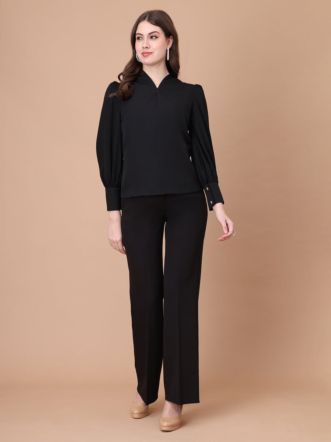 Exude Whimsical Wonders Dramatic Puff Sleeve Top with Front Zip (Black)
