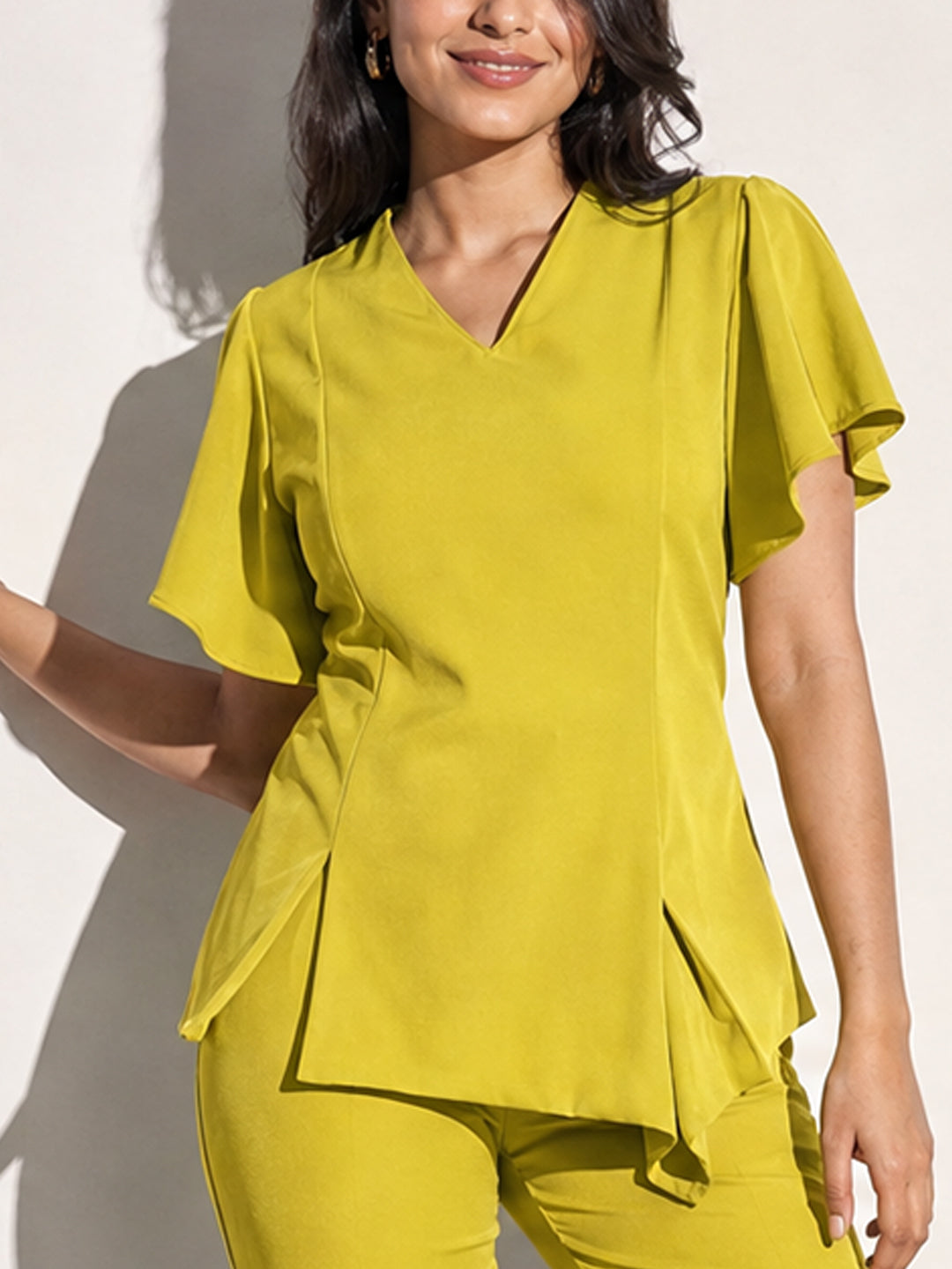 Lime Green Flutter Sleeve Asymmetric Top