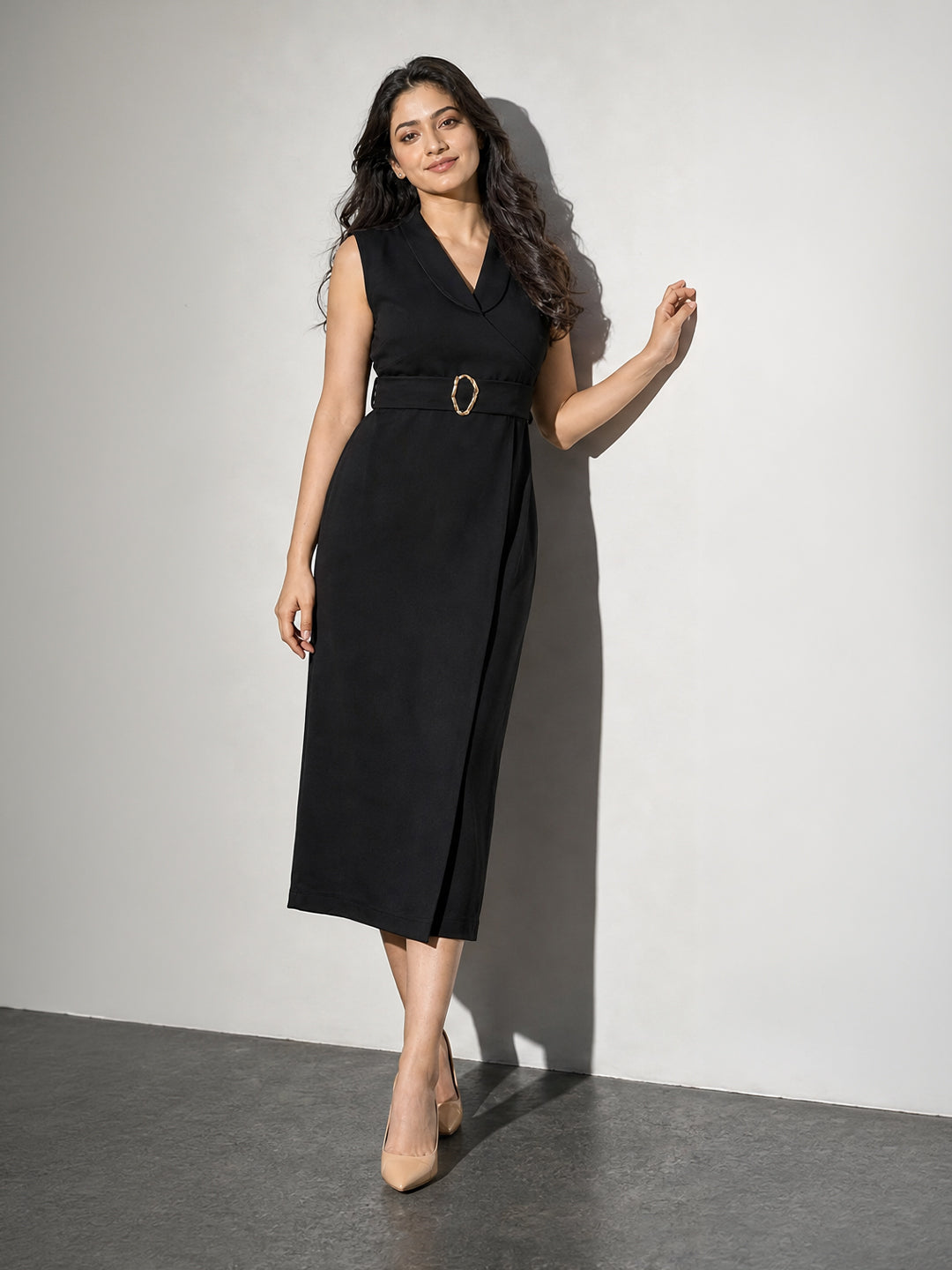 Noir Shawl-Collar Belted Wrap Dress
