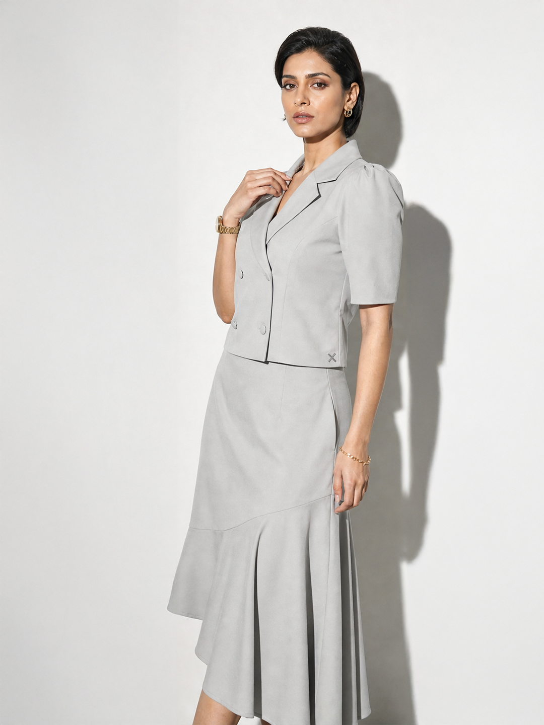 Exude Sunbeam Blazer Top with A-Symmetrical Skirt (Grey)